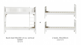 Bunk bed 90x200 cm w. vertical ladder in white color with two beds shown in one.