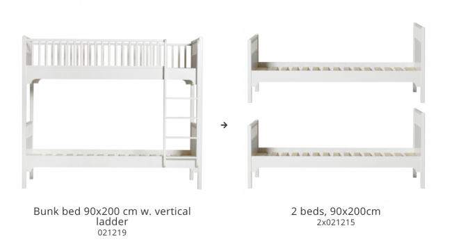 Bunk bed 90x200 cm w. vertical ladder in white color with two beds shown in one.
